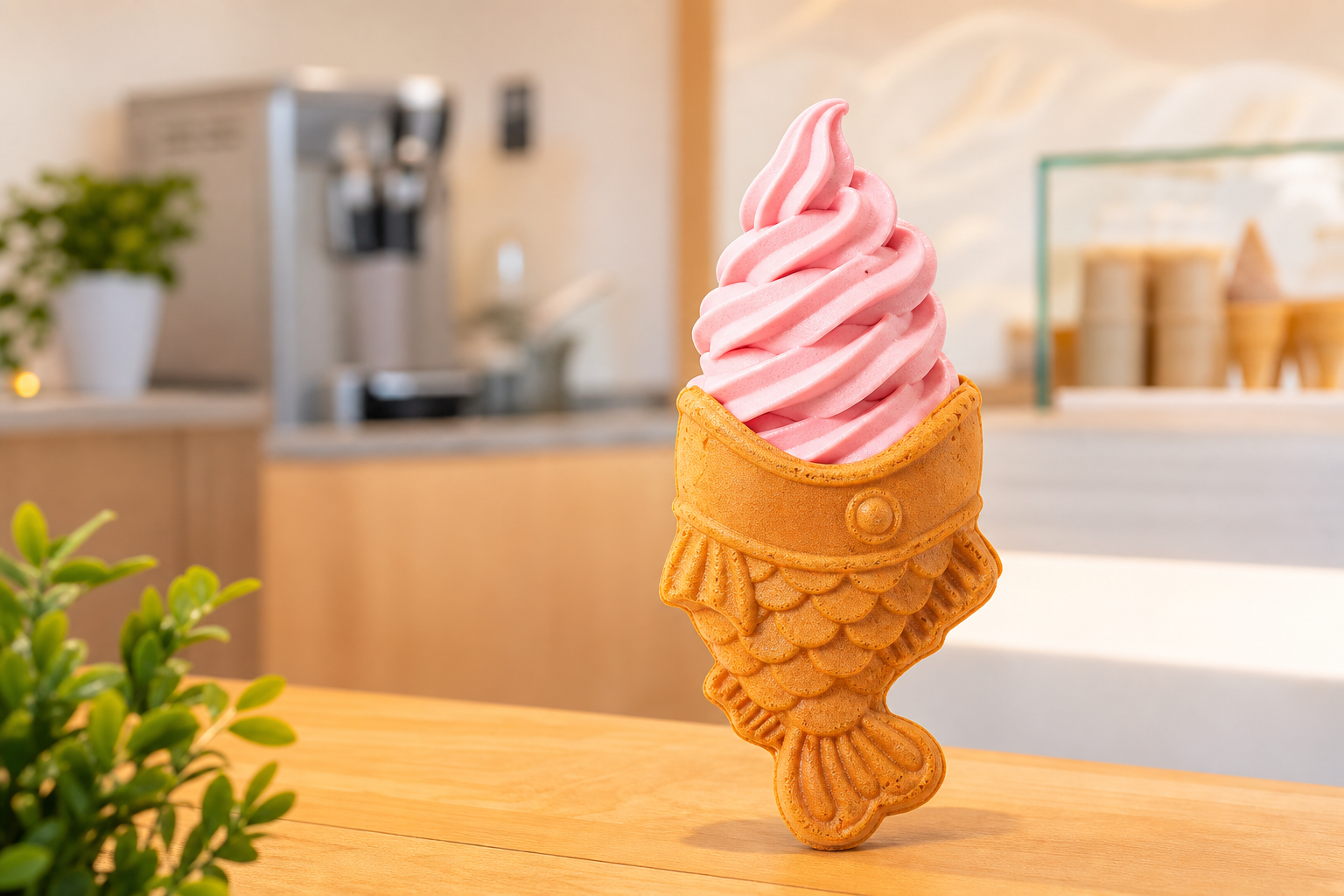 Pink soft serve swirled inside a warm Luna fish waffle cone